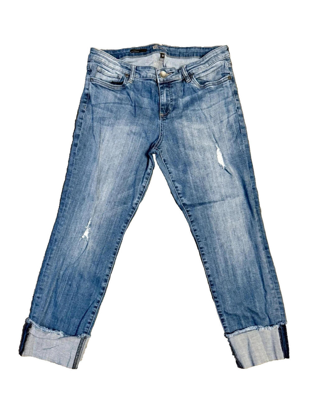 KUT from the Kloth Boyfriend Jean SZ 12 Distress Crop Cuff Blue Denim RUNS SMALL